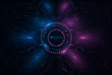 Glowing sci-fi panel with HUD round and computer circuit board. Futuristic hi-tech banner for your design. Vector illustration