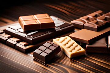 A still life composition of various chocolate bars arranged in an aesthetically pleasing way