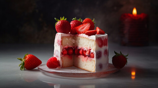 The image of a delicately crafted strawberry cake, surrounded by a soft aura of light, is truly mesmerizing. The cake's bright red strawberries and creamy white frosting create a visually stunning and