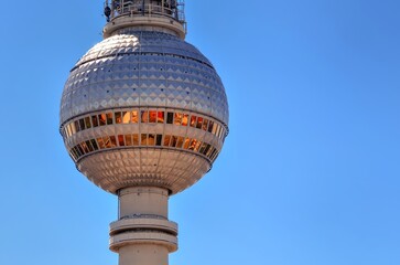TV Tower in Berlin, Germany. View on TV Tower from panorama point, which is situated on 37-th floor in Park Inn Hotel, Berlin, Germany. - 596771617