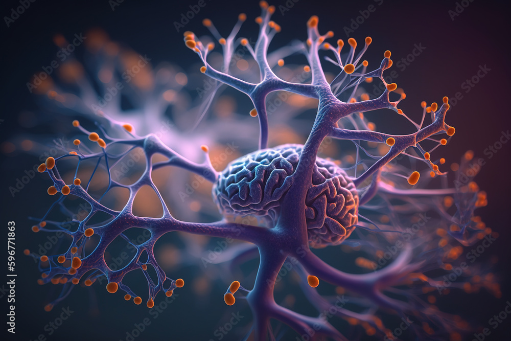 Poster neuron cells in shades of violet on abstract background. generative ai