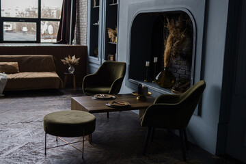 Modern interior design of room, office, interior details, soft furniture, chairs on dark background