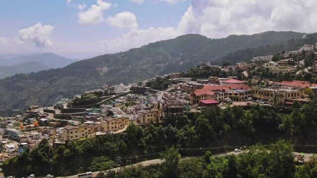 4k, Aerial view of New Tehri, Uttarakhand, a beautifully planned city of India. New Tehri, A modern town and the headquarter of the Tehri-Garhwal district situated at the top of the mountain.