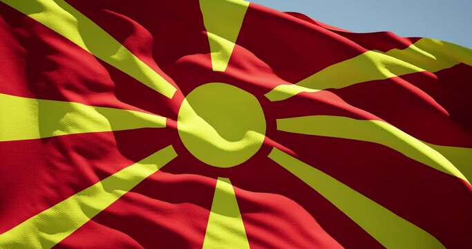 National flag of Macedonia on the flagpole. Macedonian official flag waving in the wind