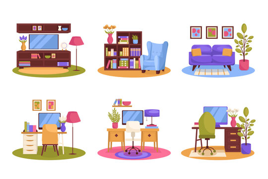 Set of house interior illustrations. Living room illustrations and office illustrations. Vector graphic.	
