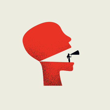 Vector illustration of a businesswoman with a megaphone inside a big head, symbolizing a powerful announcement.