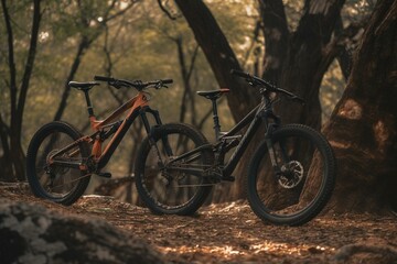 Fototapeta na wymiar Two bicycles resting against a tree next to a path. Generative AI