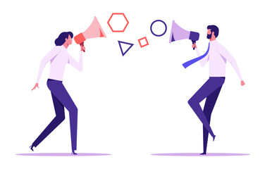 Conflict concept.Shouting at each other. People shouting into a megaphone at each other.Businessmen shouting through megaphone
