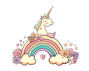 Cute baby unicorn on rainbow with clouds, flowers. Kawaii character magic animal with horn. Vector cartoon illustration for birthday card design in pastel color. Delicate invitation with unicorns 