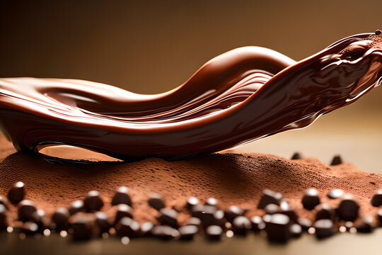 An artistic shot of chocolate being poured onto a surface, with the movement and flow of the chocolate creating an abstract design