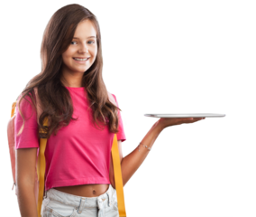 E-Learning. Happy School Girl Using Digital Tablet Doing Homework Online Looking At Camera Standing Over Studio Background.