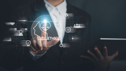 Businessman touch on virtue ethics inside human mind, moral, strategy, attitude, behavior. Investment sustainable development. The effective compliance and business ethics culture in workplace.
