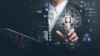 Ai for business idea concept. Businessman used artificial intelligence for business plan and analytics big data network for growing. Smart bot automation system development or IOT machine learning.