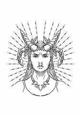 hand drawn a beautiful woman with horn for tattoo