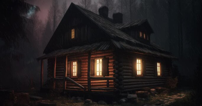 Wooden cabin in forest with lit windows at night, created using generative ai technology