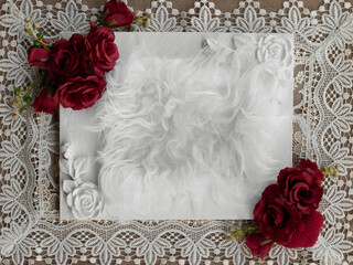 Newborn digital backdrop with handmade red roses, wooden white box and crochet heart on boho...