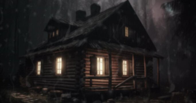 Wooden cabin in forest with lit windows at night, created using generative ai technology
