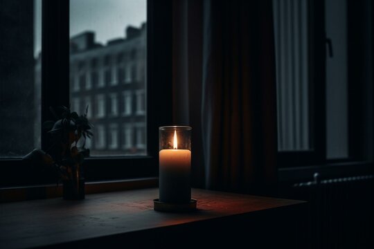 A candle illuminates a dark room near a window. Generative AI