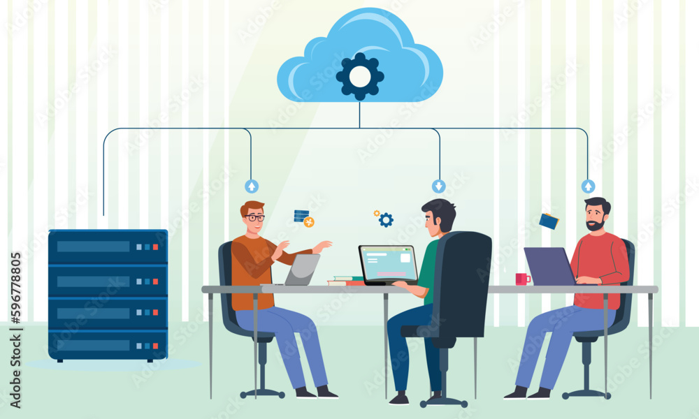 Wall mural it team discusses web hosting technology in a laptop office environment