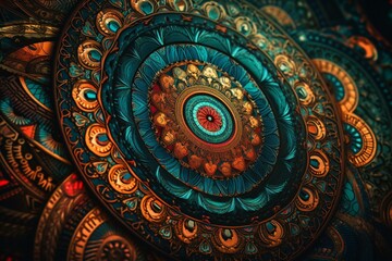 An abstract and vibrant mandala pattern illustration. Generative AI