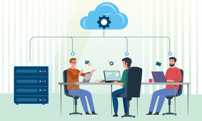 IT team discusses web hosting technology in a laptop office environment