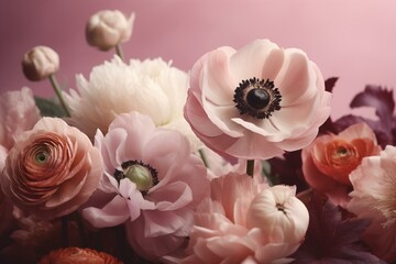 Soft, pastel floral background featuring peonies, ranunculus, and anemone against a pink-beige backdrop. Generative AI