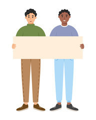 Two men showing a blank sign together. Template for information campaign, advertising or peace demonstration themes. Vector illustration in flat style isolated on white background.