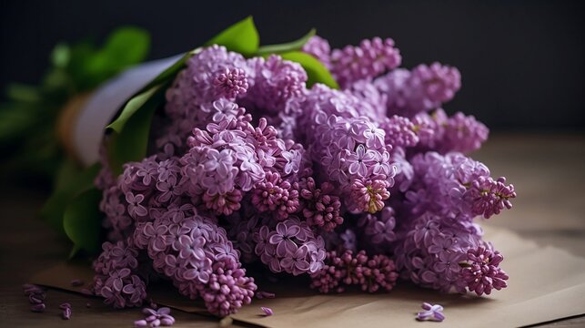 A bouquet of lilacs on a table. 