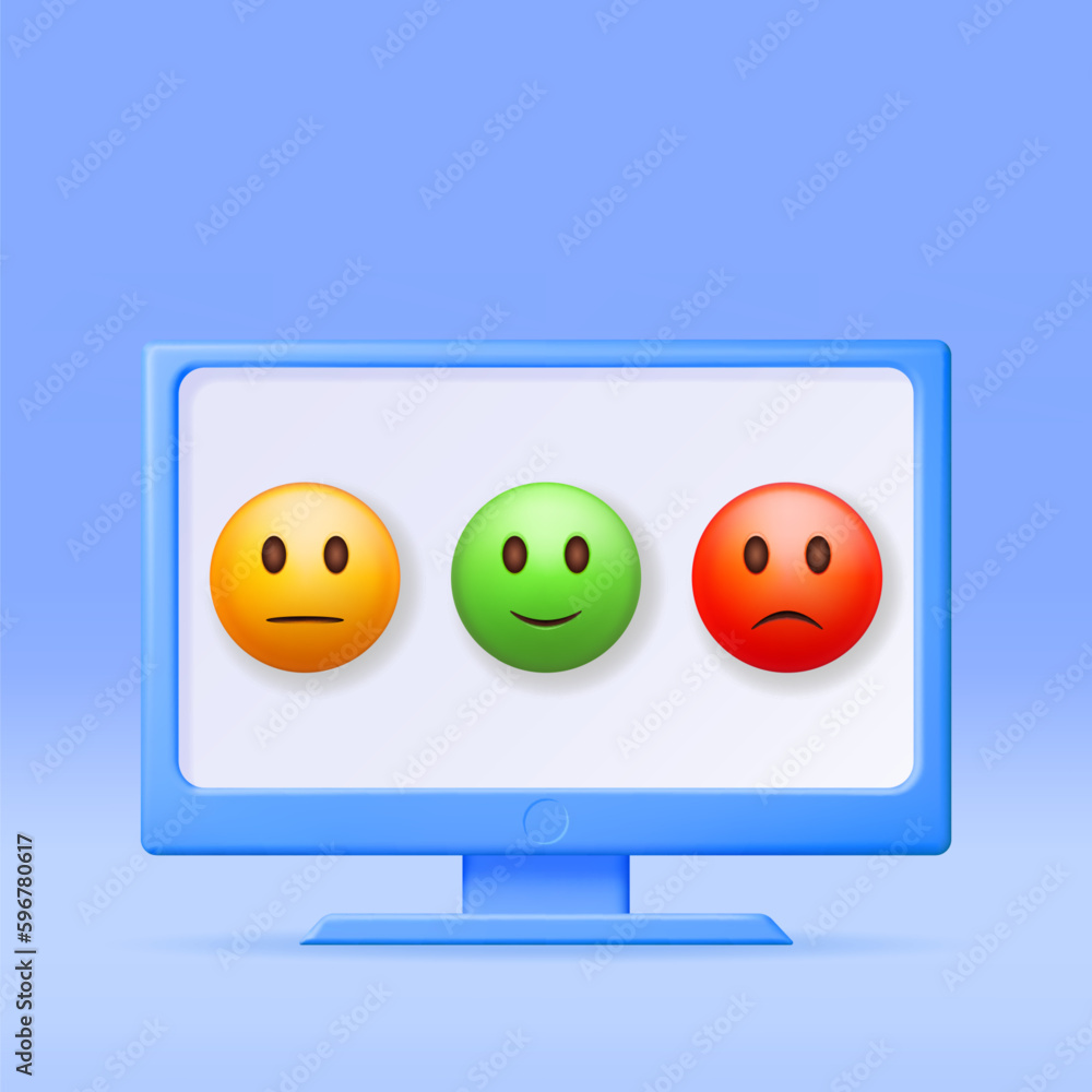 Poster 3d customer rating smile emoticons checklist in computer isolated. render positive, neutral and nega