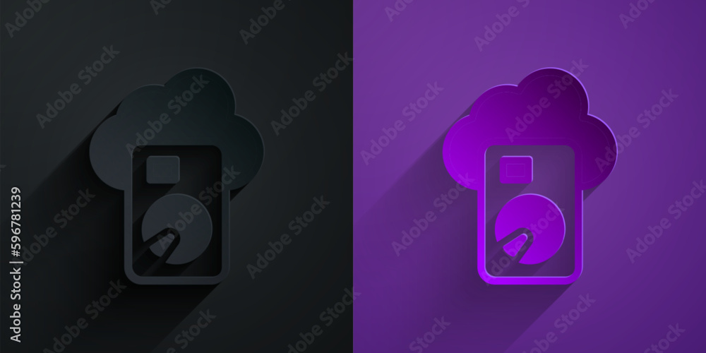 Poster paper cut cloud database icon isolated on black on purple background. cloud computing concept. digit
