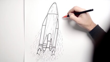 Fototapeta na wymiar Illustration of hand drawing a rocket on paper, startup and creativity concept. Generative AI