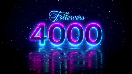 Futuristic Blue Purple Glowing Neon Light 4000 Followers Text Reveal With Floor Reflection Amid The Falling Snow On Dark Background, 5-15 Seconds Seamless Loop