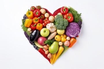 Naklejka na ściany i meble Illustration of heart formed by vegetables, healthy eating concept, white background. Generative AI