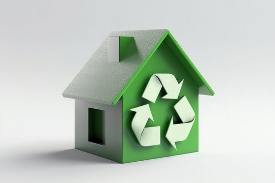 House illustration with recycling symbol, environmental preservation concept, white background. Generative AI