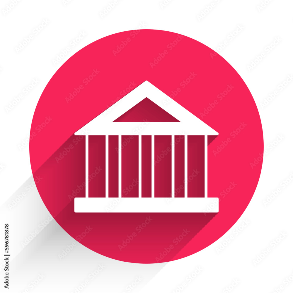 Poster white bank building icon isolated with long shadow background. red circle button. vector