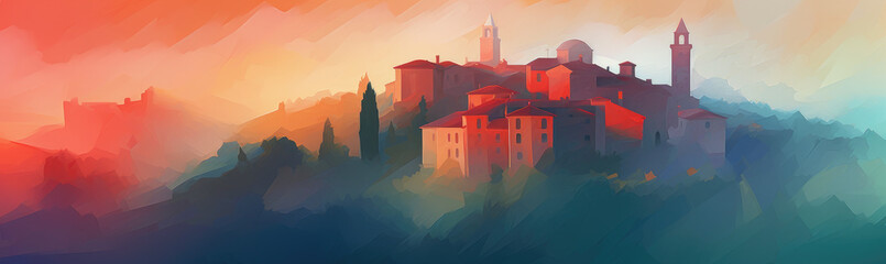 Italian town, italy countryside, stylized painting, wallpaper background, widescreen banner. Generative AI. - obrazy, fototapety, plakaty