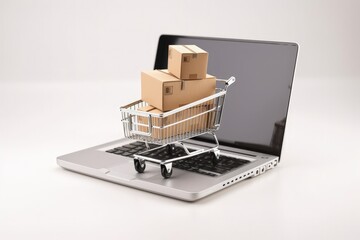 Shopping cart with cardboard boxes and laptop, white background, online stores concept. Generative AI