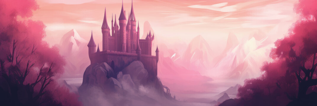Fairy tale castle on a mountain, pink wallpaper background, widescreen banner.