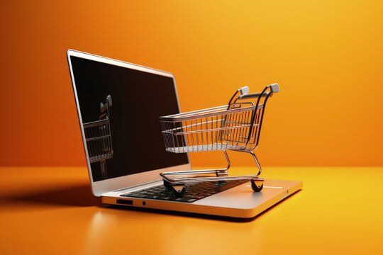 Illustration of shopping cart and laptop, orange background , online stores concept. Generative AI