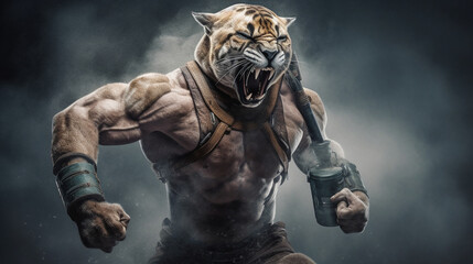 Fototapeta na wymiar Wildcat-Inspired Villain: Epic Powder Battle of the Fierce Humanoid Warriors