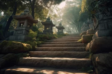 Photo sur Plexiglas Lieu de culte Mountain landscape with stone stairs, Chinese temple on top, forest. Generative AI