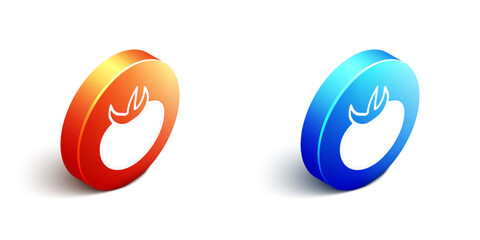Isometric Tomato icon isolated on white background. Orange and blue circle button. Vector