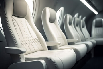 Fototapeta premium Row of white modern seats in airplane. Generative AI illustration