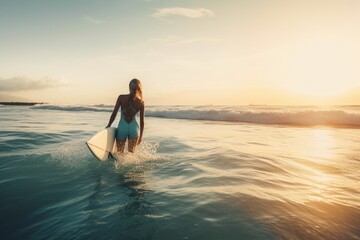 Woman swimming with a surf on the beach at sunset