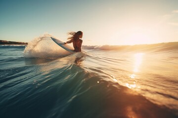 Fototapeta na wymiar Woman swimming with a surf on the beach
