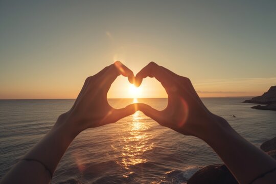 Sunset lover, joining their hand on heart shape with beach landscape background