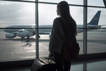 Fototapeta premium Woman holding luggage waiting her plane in front of an airport window at sunset