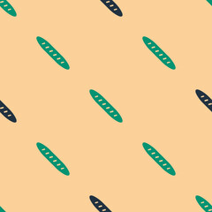 Green and black French baguette bread icon isolated seamless pattern on beige background. Vector