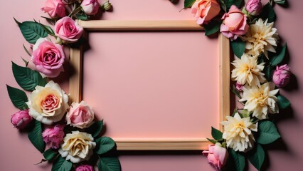 Generative AI wooden frame surrounded by garden flowers on pastel background, framework for invitation or congratulation