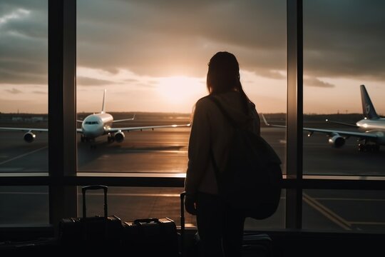 Woman holding luggage waiting her plane in front of an airport window at sunset
